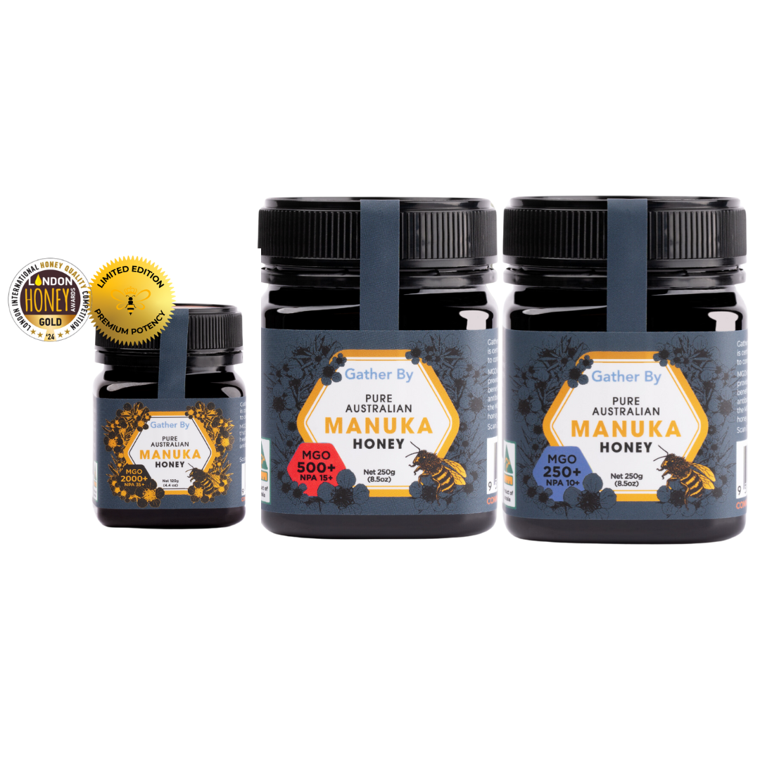 manuka honey in 3 sizes and strengths 2000+ 500+ and 250+